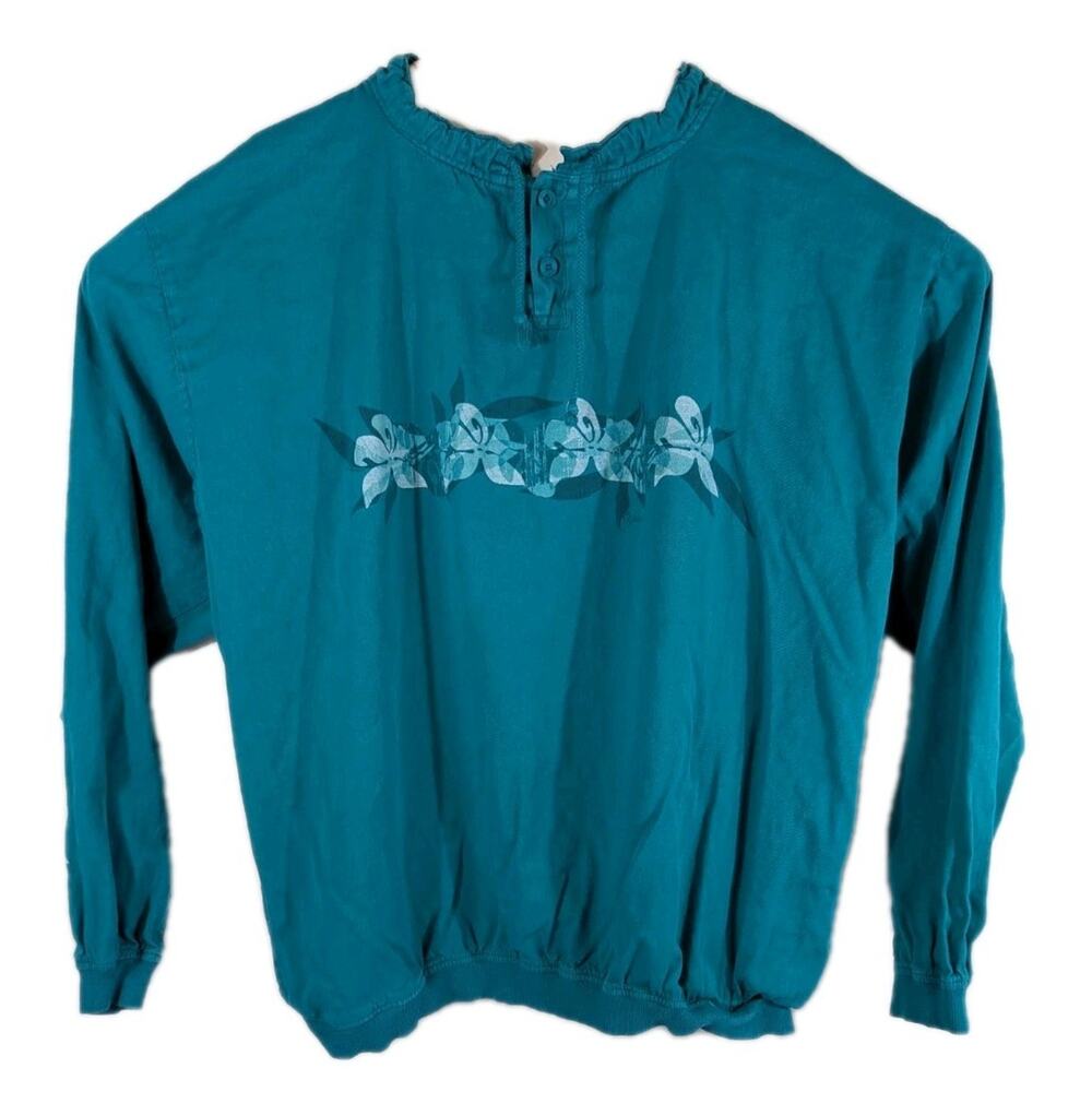 90s Hawaii Crazy Shirt Kauai Teal Hibiscus Flowers Made USA Long Sleeve 2XL XXL